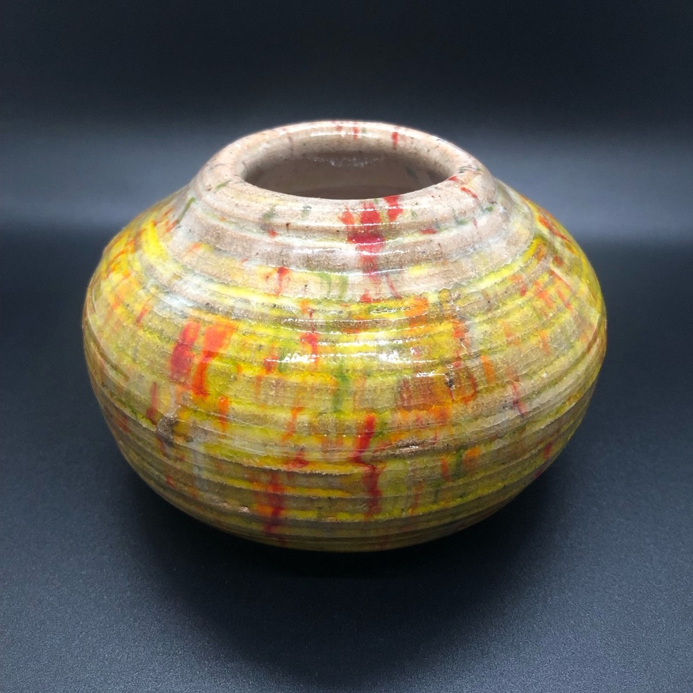 Studio Pottery Small Round Vase Splatter Paint Design Yellow And Red
